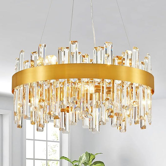 Saint Mossi 20" Dimmable Modern LED Crystal Chandelier, Luxury Round Lingting Fixture with Crystal Strips, Gold Metal Frame, 8-Light E12 Fixture for Dining Room, Living Room (D20 x H20)