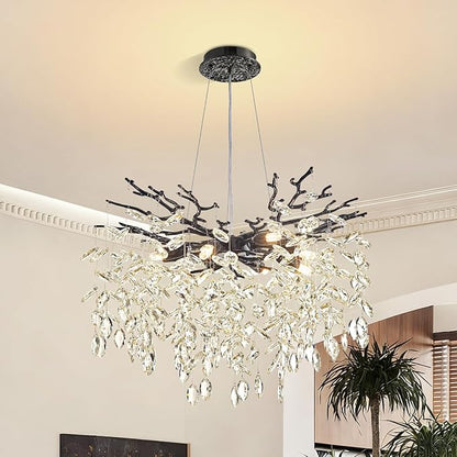 Modern Tree Branch Crystal Chandelier 23.6" Black Luxury Large Pendant Lighting 8-Light Contemporary K9 Crystal Chandeliers for Dining Room Kitchen Living Room Foyer Entryway (Black, D23.6"-Round)
