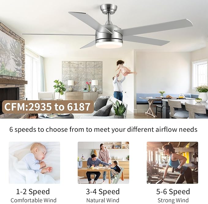 YUHAO 60 Inch Brushed Nickel Ceiling Fan with Light and Remote Control.Noiseless,Dimmable,3CCT,6 Speeds Reversible, DC Ceiling Fans for Indoor or Covered Outdoor Use.ETL Listed