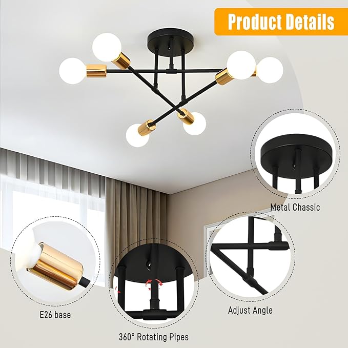 SPOLI Sputnik Ceiling Light Fixture, Dining Room Chandelier, Modern 6-Light Black and Gold Industrial Pendant Semi Flush Mount for Kitchen Living Bedroom, E26 Base, Bulbs Not Included