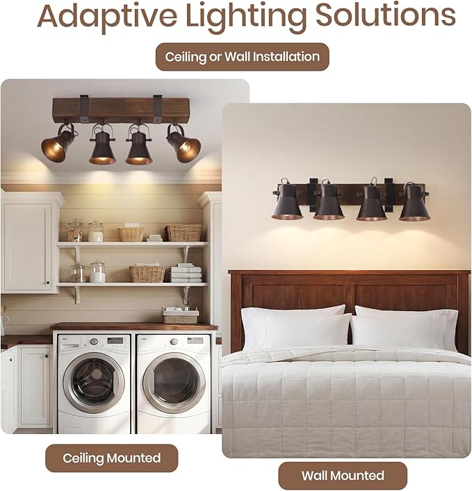 4 Light Semi Flush Mount Ceiling Light, Farmhouse Wooden Track Lighting Fixtures Ceiling, Rustic Kitchen Lights Ceiling for Island Dining Room Living Room.