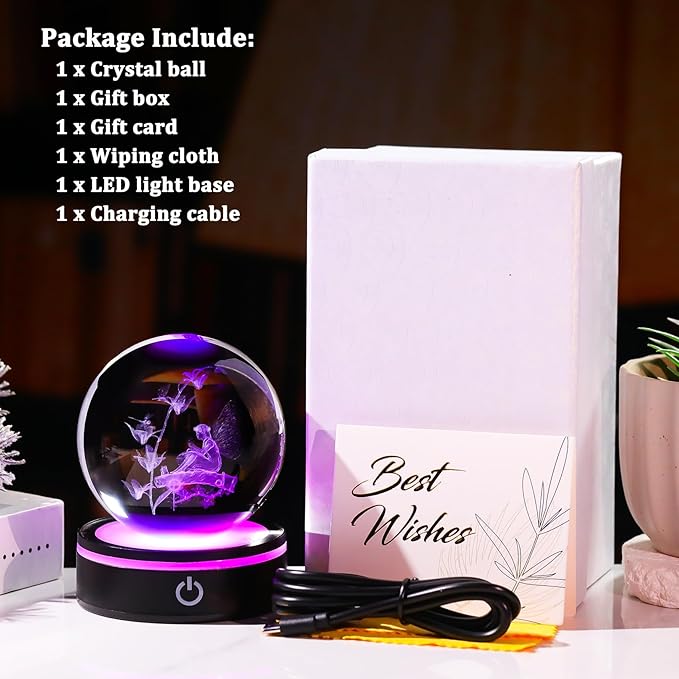 YWHL 3D Butterfly Fairy Figurine Crystal Ball with Colorful Light Base, Fairy Gifts for Women Girls on Christmas Birthday, Laser Engraved Elf Full Sphere Glass Decorative Ball for Home Office (80mm)