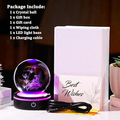 YWHL 3D Butterfly Fairy Figurine Crystal Ball with Colorful Light Base, Fairy Gifts for Women Girls on Christmas Birthday, Laser Engraved Elf Full Sphere Glass Decorative Ball for Home Office (80mm)