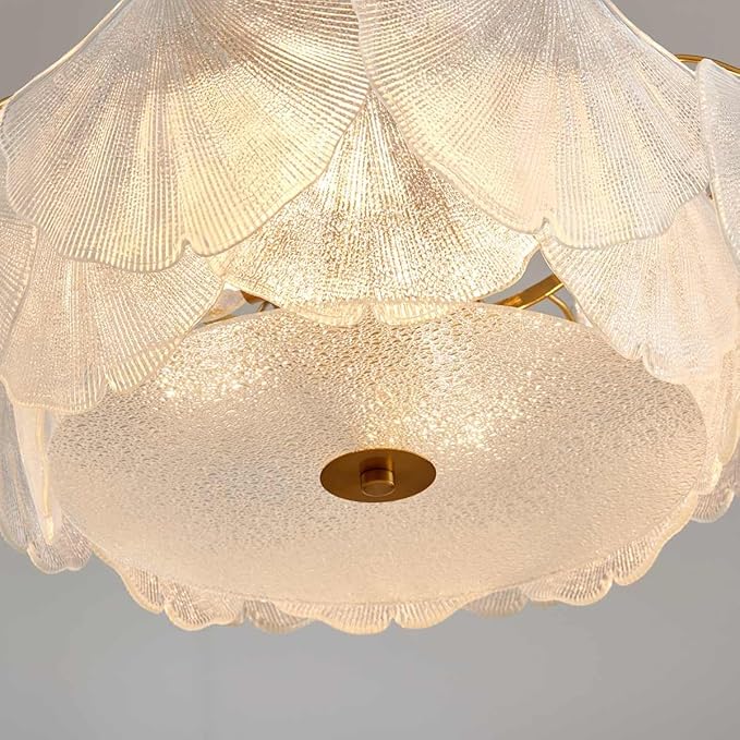 AGV LIGHTING Elegant Glass Chandelier Ceiling Light Fixture, Large Semi Flush Mount Ceiling Light, Gold Brass Finish with Frosted Glass Leaf Shades, Flush Ceiling Fixture for Bedroom, Dining Room