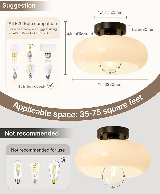 Yunnix Semi Flush Mount Ceiling Light, Black Light Fixture, Mid-Century Modern Farmhouse Milk Glass Small Light Fixtures for Hallway, Bathroom, Kitchen, Bedroom, Living Room, Closet, Laundry(11 Inch)