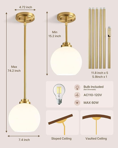Majade Globe Pendant Lights Kitchen Island Pendant Light Fixtures 7.4 Inch Gold Mid Century Modern Globe Pendant Lighting with Milk Glass Adjustable Hanging Light Fixtures for Dining Room(2 Pack)