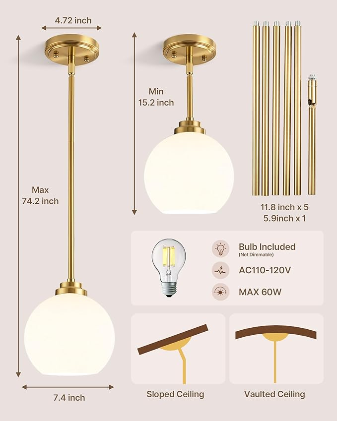 Majade Globe Pendant Lights Kitchen Island Pendant Light Fixtures 7.4 Inch Gold Mid Century Modern Brushed Brass Pendant Lighting with Milk Glass Adjustable Hanging Light Fixtures for Dining Room