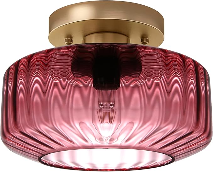 8.66" Low-Profile Purple Glass Flush Mount Ceiling Light, Gold Metal 1-Light Fixture, Easy Install Semi-Flush Ceiling Lamp for Small Bedrooms, Bathrooms, Closets