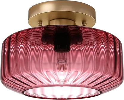 8.66" Low-Profile Purple Glass Flush Mount Ceiling Light, Gold Metal 1-Light Fixture, Easy Install Semi-Flush Ceiling Lamp for Small Bedrooms, Bathrooms, Closets