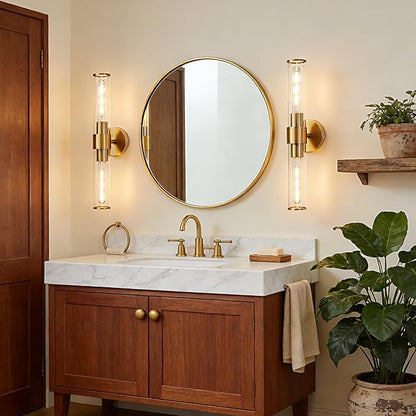 Gold Wall Sconce 2 Pack Hardwired, Bathroom Light Fixtures Clear Glass Featuring Two E26 sockets, Vanity Lights Fixtures for Bathroom, Dimmable - Bulb Not Included, UL Certification