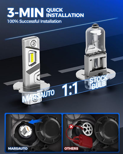 Marsauto H3 Fog Light Bulb, 600% High Bright H3ll H3 Led Fog Lights 12,000LM 6500K White Strong Penetration,1:1 Mini Szie Plug & Play Fog Bulb for Car, Truck, SUV, Pack of 2