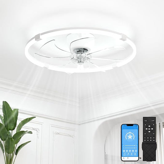 VOLISUN Low Profile Ceiling Fan with Lights and Remote, 23.6in Bladeless Ceiling Fans with Light Flush Mount, Dimmable Modern LED Fan Light, White Fandelier Ceiling Fans for Bedroom,Living Room
