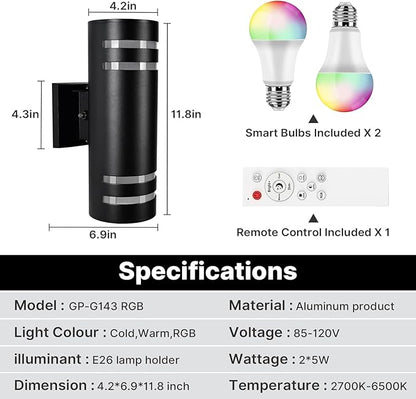 RGB Up and Down Lights Outdoor Wall Lights 1 Pack, Smart Color Changing Outdoor Wall Sconce WiFi Voice & App Control,Aluminum Waterproof Exterior Lights for Porch Compatible with Alexa