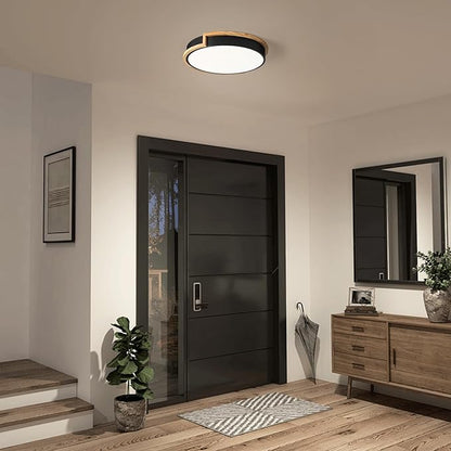 Modern Dimmable LED Flush Mount Ceiling Light Fixture,Round Close to Ceiling Lighting,Matte Black with Wood Accent,Minimalist Kitchen Light Fixtures for Bedroom,Entryway,Living Room,15.75in