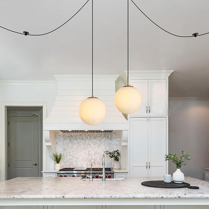Plug in Globe Pendant Light, Mid Century Globe Hanging Lamp with Cord and ON/Off Switch, Modern Gold Chandelier with Milk Glass for Kitchen Island Dining Room Bedroom Hallway Foyer