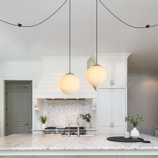 Plug in Globe Pendant Light, Mid Century Globe Hanging Lamp with Cord and ON/Off Switch, Modern Gold Chandelier with Milk Glass for Kitchen Island Dining Room Bedroom Hallway Foyer