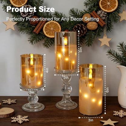 Rechargeable Glass LED Flameless Candles, Embedded Star String Flickering Flameless Candles for Romantic Ambiance and Home Decoration with Remote & Timer(Gold)