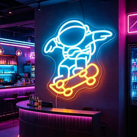 "Astronaut Skateboarding" Space Adventure Light - Cool & Gravity-Defying LED Wall Art for Game Room, Dorm, Bedroom Decor, Dimmable USB, Awesome Gift for Sci-Fi Fans & Adventurers