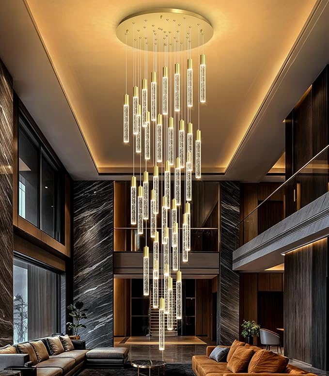 HAIXIANG 16 Foot Chandeliers for Living Room Entryway High Ceiling Light Fixtures Sloped Flush Mount Ceiling Pendant Lighting Dimmable Chandelier with Remote LED Crystal Pendants Lighting Gold Light