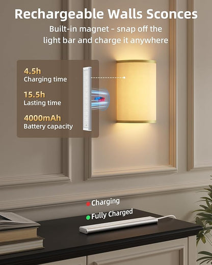 EZVALO Battery Operated Wall Sconce, Wireless Wall Sconces Set of Two with Remote, 3 Color & 80 RGB Rechargeable Wall Lights, Dimmable, Timer, Fabric Linen Shade Wall Decor for Bedroom (White)