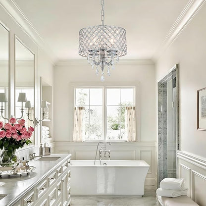 VILUXY Modern Crystal Chandelier Chrome French Country Pendant Light Small Hanging Ceiling Light Fixture Drum Shade for Bedroom, Kitchen Island, Girl Room, Dining Room 4-Light