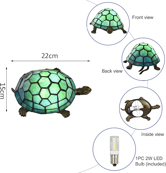 A0019 Tiffany Style Turtle Table Lamp, Handmade Stained Glass Tortoise Animal Night Light, Vintage Accent Desk Lamp for Bedroom Bedside Living Room Home Decor, LED Bulb Included (Green)