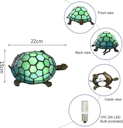 A0019 Tiffany Style Turtle Table Lamp, Handmade Stained Glass Tortoise Animal Night Light, Vintage Accent Desk Lamp for Bedroom Bedside Living Room Home Decor, LED Bulb Included (Green)