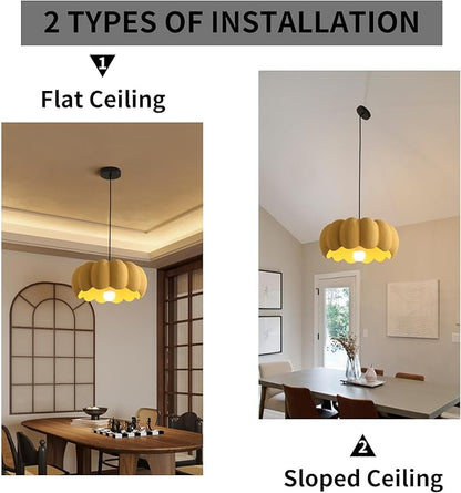 JAYMP Yellow Pumpkin Shape Pendant Light for Dining Room Kitchen Island Hallway Farmhouse Style Hanging Lamp E26 Base, 40cm/15.8in