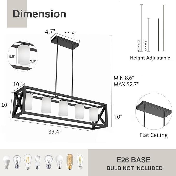 Black White Dining Room Light Fixture - 5 Light Rectangle Light Fixtures with Milk White Glass Shade & Adjustable Height & Thickened Metal Dining Table Lights Fixture Chandeliers for DiningRoom