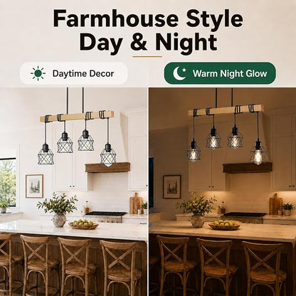 4 Light Farmhouse Kitchen Island Lighting,Dining Room Light Fixture,Adjustable Height Pendant,Real Wood and Black Metal Cage Chandelier for Kitchen,Dining Room