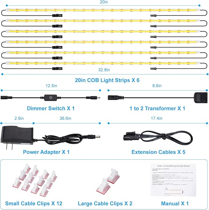 JUSJUBR LED Lights for Shelves, 6 PCS 20 Inch Dimmable Flexible COB LED Strip Lights for Cabinet, Display Case, Bookshelf, Kitchen, Wardrobe and Closet, Under Cabinet Lighting Cold White 6000K