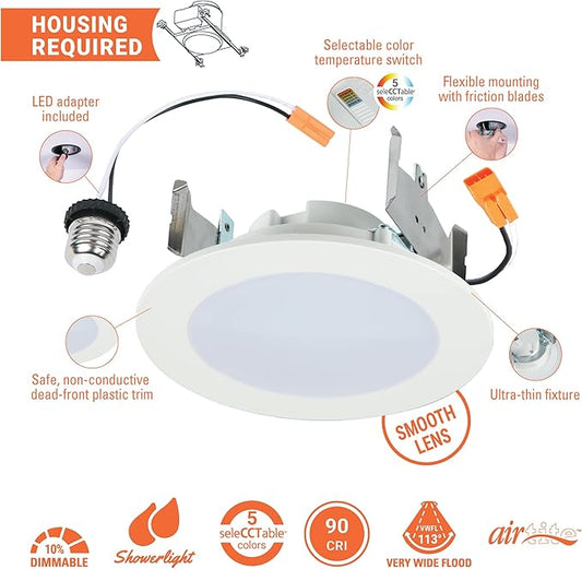 HALO HLBT 6 Pack 4 in LED Recessed Lights Slim Trim Retrofit Selectable Color Temperature 2700K, 3000K, 3500K, 4000K, 5000K Dimmable Indoor Outdoor Wet Location HLBT407FS5-6pk