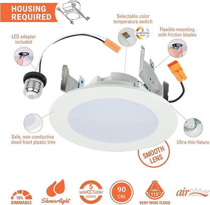 HALO HLBT 4 Pack 4 in LED Recessed Lights Slim Trim Retrofit Selectable Color Temperature 2700K, 3000K, 3500K, 4000K, 5000K Dimmable Indoor Outdoor Wet Location HLBT407FS5-4pk