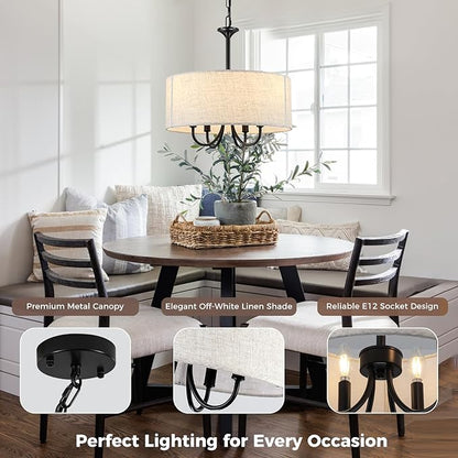 Drum Chandelier for Dining Room, 4-Light Modern Farmhouse Black Chandelier with Linen Drum Shade, 16" Hanging Pendant Ceiling Light Fixture for Kitchen Island Bedroom Living Room