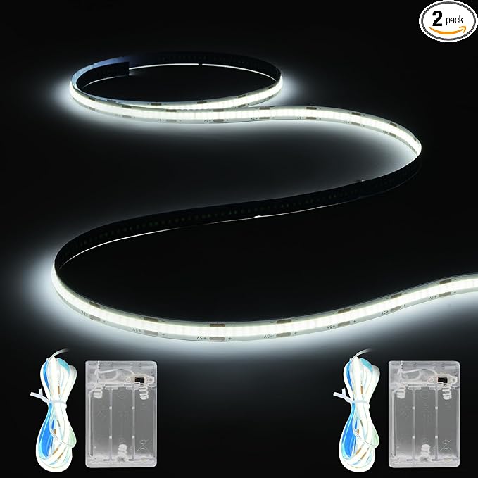 Battery Powered COB LED Strip Lights,3.28ft*2pack White LED Light Strip for Dorm Room, Under Bed, Shelves, TV Backlight, Closet, Small Cuttable Tape Lights, Small Battery LED Lights for TV