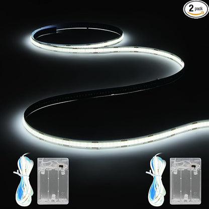 Battery Powered COB LED Strip Lights,3.28ft*2pack White LED Light Strip for Dorm Room, Under Bed, Shelves, TV Backlight, Closet, Small Cuttable Tape Lights, Small Battery LED Lights for TV