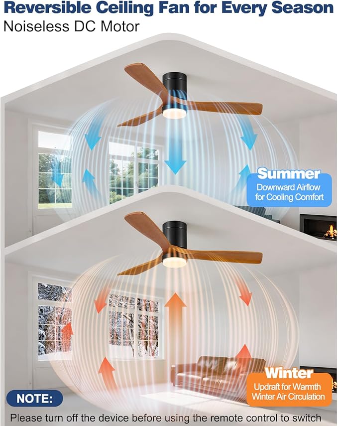 60 Inch Ceiling Fans with Lights Remote, 60" Flush Mount Outdoor Ceiling Fan Exterior, 3 Wood Blades, 6 Speeds, Timer, Quiet DC Motor Modern Low Profile Fan for Patio, 60in,Brown and Black