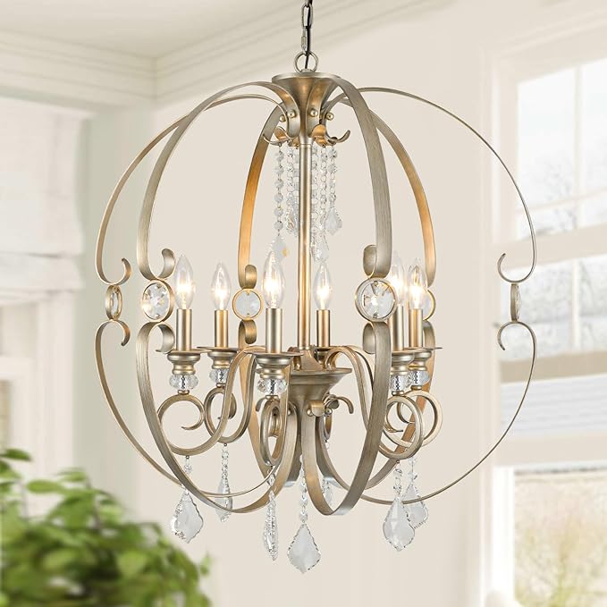 Sphere Crystal Chandeliers for Dining Room Light Fixture, 6-Light 26 Inch Antique Silver Vintage Bronze Chandelier for Kitchen Island, Living Room, Foyer, Staircase, Entry, Villa