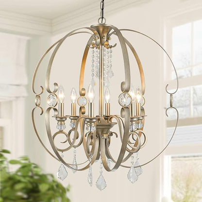 Sphere Crystal Chandeliers for Dining Room Light Fixture, 6-Light 26 Inch Antique Silver Vintage Bronze Chandelier for Kitchen Island, Living Room, Foyer, Staircase, Entry, Villa