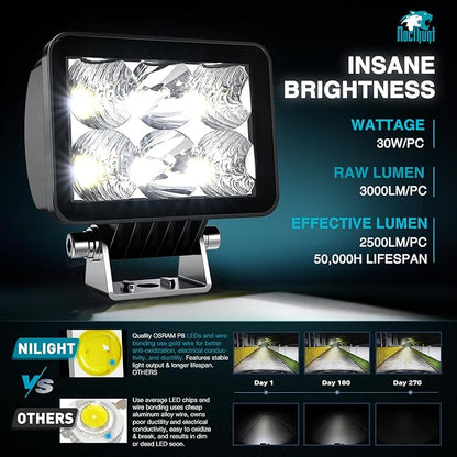 Nilight LED Pod Lights 2 PCS 3.3 Inch 6LED Spot Flood Combo Beam Square Offroad Driving Work Side Ditch Light Built-in EMC for Tractor Truck Motorcycle Boat ATV