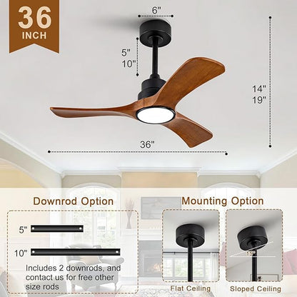 36 inch Ceiling Fans with Lights and Remote Control,Wall Switch,Solid Wood Blades,Dimmable,Reversible Quiet DC Motor,Power Off Memory Modern Black Ceiling Fan Indoor/Outdoor for Bedroom Patios