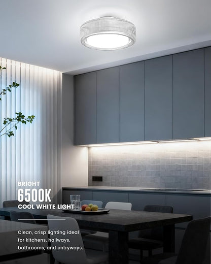 FEMILA LED Ceiling Light Fixture, 12" Flush Mount Ceiling Light with Ribbed Glass, for Kitchen, Hallway, Bedroom, 6500K Daylight White, 4FSE104F WH