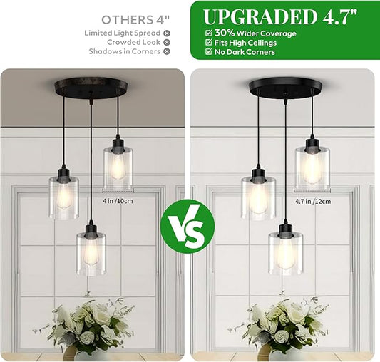 3 Light Pendant Lighting, Farmhouse Hanging Light Fixture for Kitchen Island & Dining Room, Industrial Vintage Ceiling Lamp with E26 Base, Adjustable Height, with Clear Glass 4.7" Shades