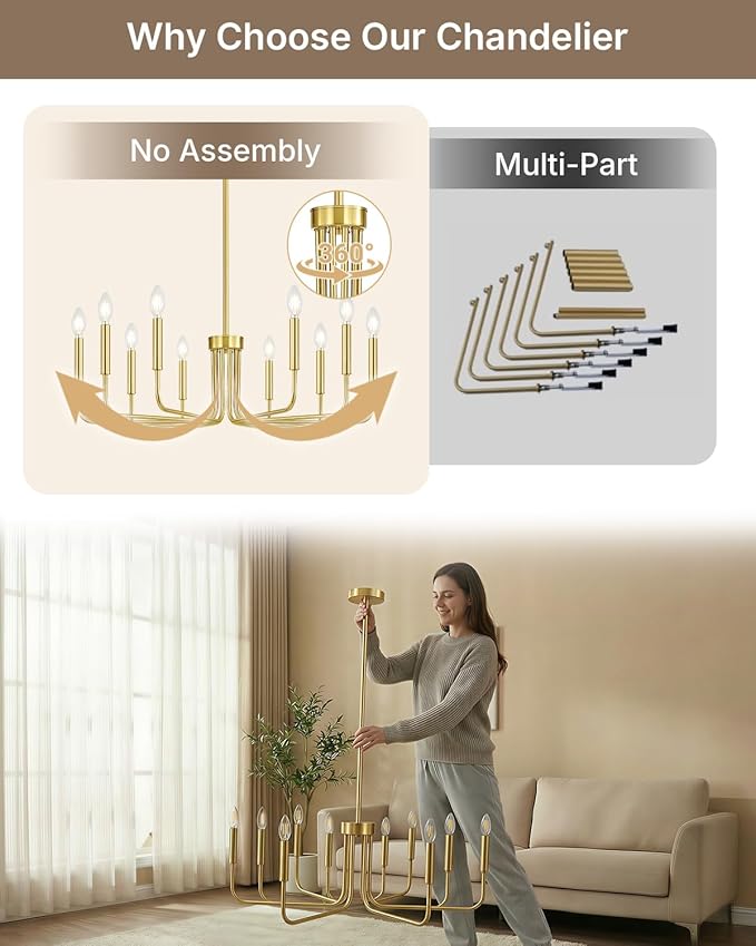 Yunnix 10 Light Gold Chandelier, 33" Extra Large Modern Gold Farmhouse Hanging Fixture - Vintage Brushed Gold Dining Room Light for Kitchen Island, Living Room, Hall, Foyer