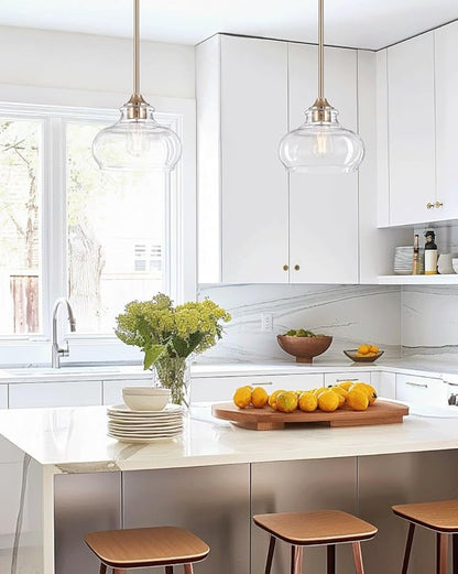 Kira Home Harlow 9" Modern Schoolhouse Pendant Light with Clear Glass Shade, Industrial Farmhouse Gold Hanging Light with Schoolhouse Glass, Cool Brass Finish