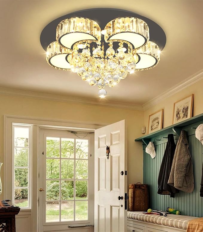 23.6" Black Modern Crystal Chandeliers for Dining Room LED Dimmable Light Fixtures Flush Mount Light Living Room Bedrooms
