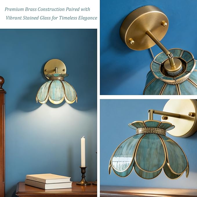 Vintage Brass Ceiling Pendant Light with Stained Lotus Flower Stained Glass Shade,Oriental Hanging Lamp or Wall Sconces Dual-Purpose, for Kitchen Island Dining Room Bedroom Living Room-7.9" Shade