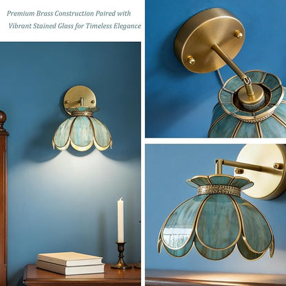 Vintage Brass Ceiling Pendant Light with Stained Lotus Flower Stained Glass Shade,Oriental Hanging Lamp or Wall Sconces Dual-Purpose, for Kitchen Island Dining Room Bedroom Living Room-7.9" Shade