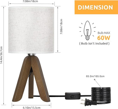 HAITRAL Wooden Tripod Table Lamp with Brown Base, Small Table Lamp Bedsides Lamp with Linen Fabric Shade, Nightstand Lamp Cute Night Lamp for Bedroom,Kids Room,Nursery,Dorm