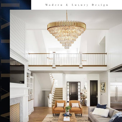 35'' Large Foyer Chandeliers Modern Gold Crystal Chandeliers for Staircase 22 Light Luxury Chandelier 7-Tier K9 Crystal Round Chandelier with Adjustable Chain for High Ceiling Entry Living Room